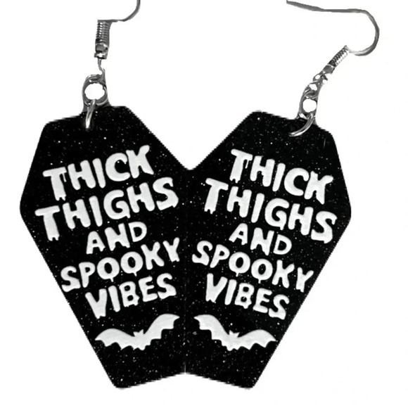 NWOT Unbranded "THICK THIGHS AND SPOOKY VIBES" Earrings/  Coffin shaped/ Bat - Picture 1 of 8
